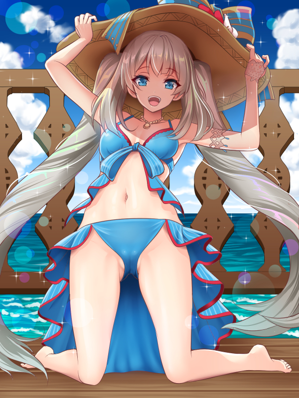 1girl :d armlet bangs bare_shoulders bikini blue_bikini blue_eyes bow breasts commentary_request day fate/grand_order fate_(series) frilled_bikini frills full_body hat hat_bow jewelry kneeling long_hair looking_at_viewer marie_antoinette_(fate/grand_order) marie_antoinette_(swimsuit_caster)_(fate) medium_breasts necklace ocean open_mouth outdoors silver_hair smile solo sun_hat swimsuit twintails very_long_hair youshuu