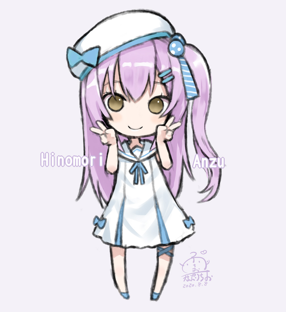1girl anzu_channel bangs bare_arms bare_shoulders beret blue_bow blue_footwear blush bow brown_eyes capriccio character_name chibi closed_mouth commentary_request dated double_v dress eyebrows_behind_hair full_body hair_between_eyes hair_ornament hairclip hands_up hat hat_bow hinomori_anzu long_hair one_side_up purple_hair sailor_collar sailor_dress signature sleeveless sleeveless_dress smile solo standing v very_long_hair virtual_youtuber white_dress white_headwear white_sailor_collar