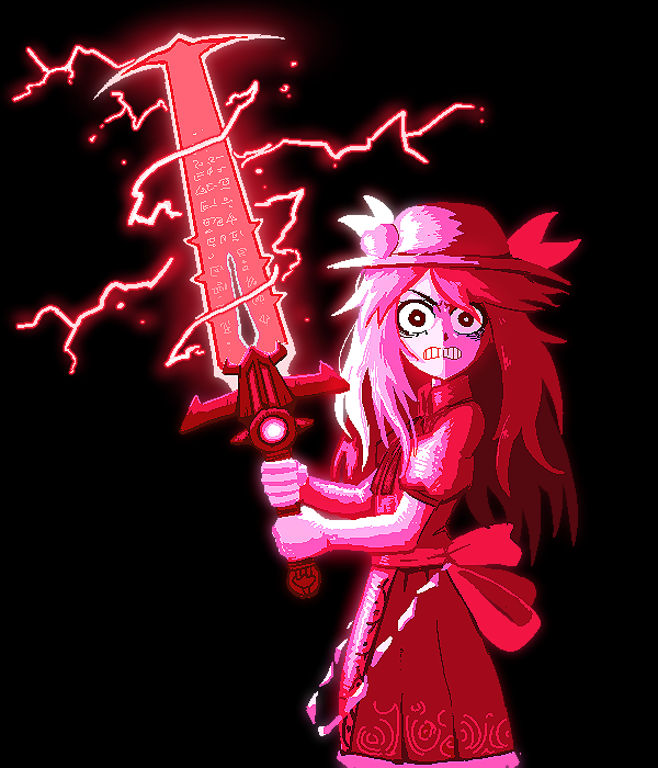 1girl angry bare_arms black_background clenched_teeth crossover doom_(game) doom_eternal energy_sword food formicid fruit hat hinanawi_tenshi holding holding_sword holding_weapon leaf long_hair looking_at_viewer medium_skirt oekaki peach puffy_short_sleeves puffy_sleeves shirt short_sleeves simple_background skirt solo sword teeth touhou v-shaped_eyebrows weapon