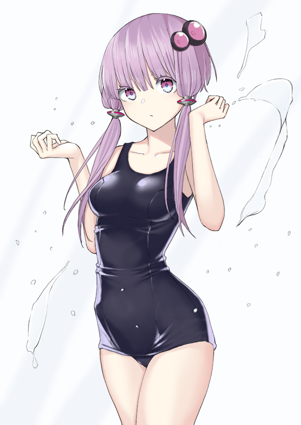 1girl akahara_tyun bangs black_school_swimsuit breasts closed_mouth collarbone cowboy_shot hair_between_eyes hair_ornament long_hair low_twintails medium_breasts pink_eyes purple_hair school_swimsuit shiny shiny_hair simple_background solo standing swimsuit twintails voiceroid white_background yuzuki_yukari