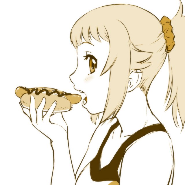 1girl bangs bare_shoulders breasts collarbone gundam gundam_build_fighters gundam_build_fighters_try hoshino_fumina hot_dog looking_at_viewer medium_hair monochrome open_mouth ponytail scrunchie sidelocks simple_background solo ueyama_michirou white_background