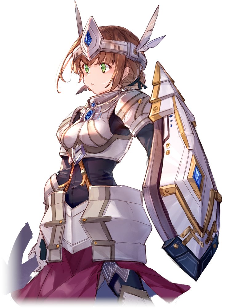 1girl :&lt; achan_(blue_semi) armor armored_boots black_bodysuit bodysuit boots breastplate breasts brown_hair circlet closed_mouth commentary cowboy_shot duvalie eiyuu_densetsu feathers gem green_eyes hair_bun hajimari_no_kiseki holding holding_shield holding_sword holding_weapon knight medium_breasts sen_no_kiseki shield short_hair shoulder_armor simple_background solo sword weapon white_background
