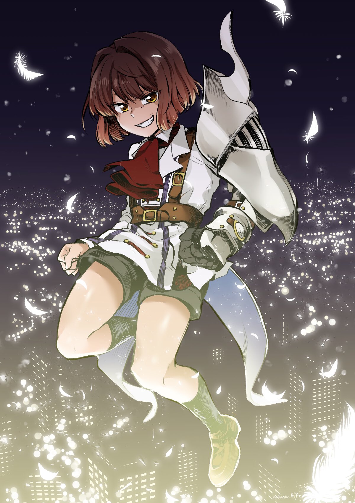1boy amane_kjfk belt ciconia_no_naku_koro_ni city cityscape clenched_hand commentary_request cravat feathers flying gauntlets grin highres looking_at_viewer mitake_miyao night open_clothes redhead shoes short_hair shorts single_gauntlet smile thighs yellow_eyes