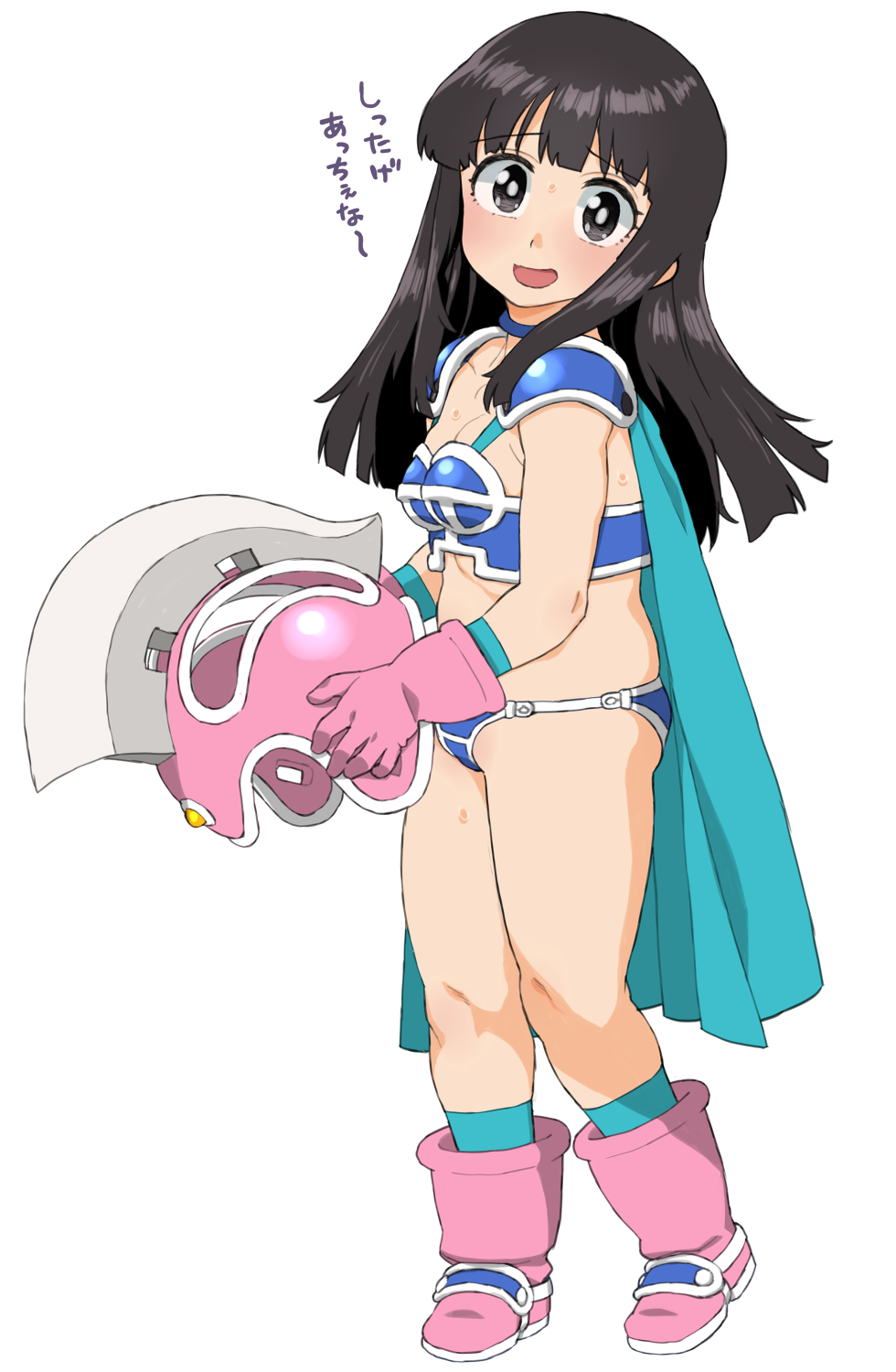 1girl armor ass bikini bikini_armor black_eyes black_hair blue_bikini boots breasts cape chi-chi_(dragon_ball) dragon_ball dragon_ball_(classic) from_side full_body gloves green_cape headwear_removed helmet highres legs long_hair looking_at_viewer open_mouth pauldrons pink_footwear pink_gloves pink_helmet shoulder_armor simple_background small_breasts smile solo swimsuit thighs wakaho_riku white_background