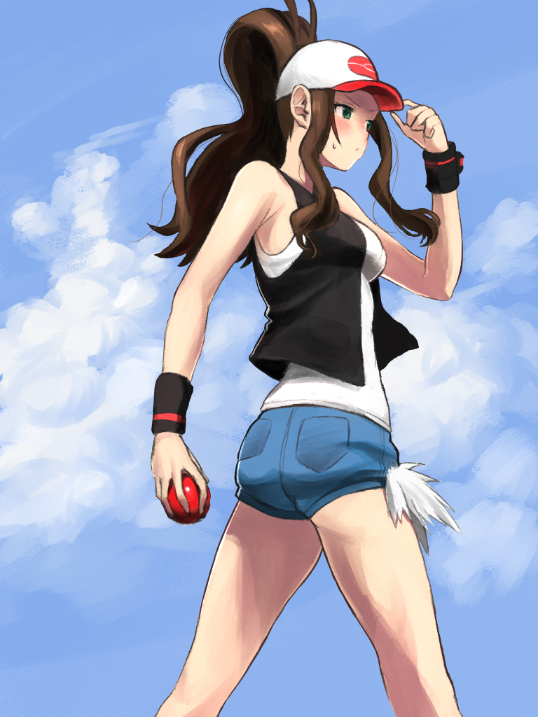 1girl antenna_hair baseball_cap black_vest blue_shorts blush brown_hair closed_mouth clouds commentary_request day green_eyes hand_on_headwear hand_up hat high_ponytail holding holding_poke_ball nishikino_kee outdoors poke_ball poke_ball_(basic) pokemon pokemon_(game) pokemon_bw short_shorts shorts sky solo sweatdrop tank_top touko_(pokemon) vest white_tank_top wristband