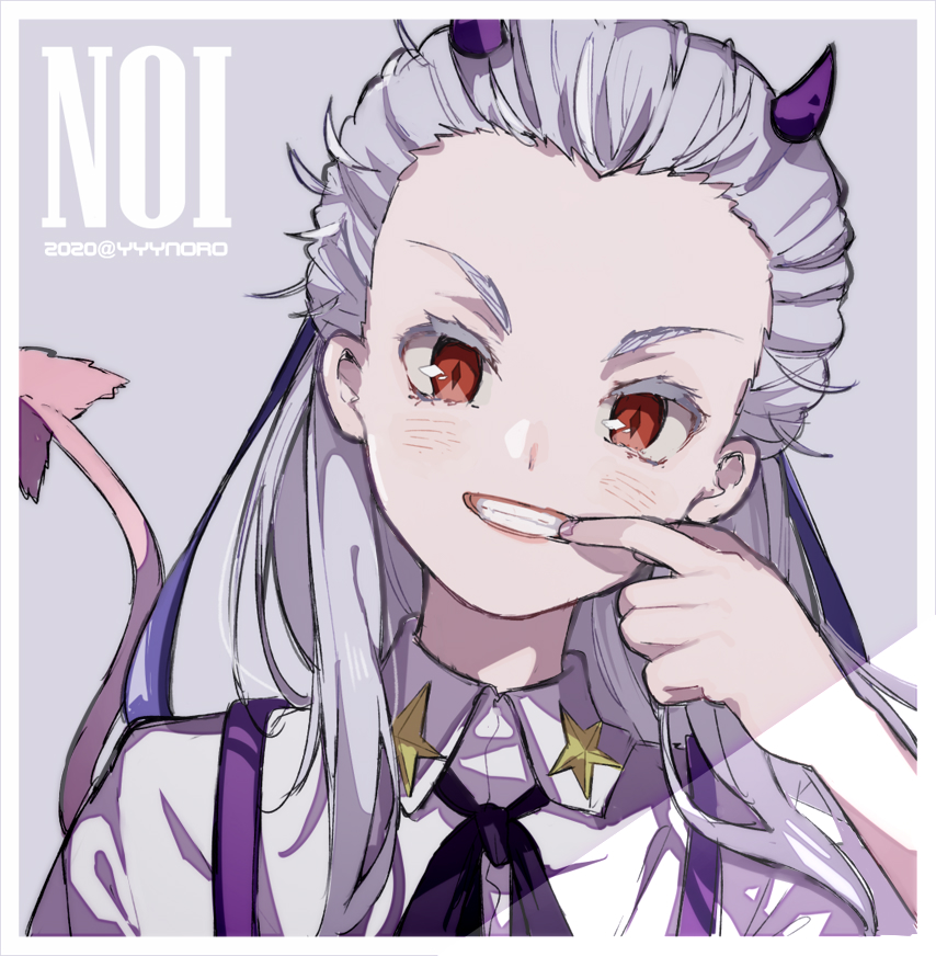 1girl blush captain_yue character_name collared_shirt commentary_request dorohedoro forehead grey_hair horns long_hair looking_at_viewer mouth_pull neck_ribbon noi_(dorohedoro) purple_ribbon red_eyes ribbon shirt short_sleeves smile solo star_(symbol) suspenders tail teeth v-shaped_eyebrows white_shirt