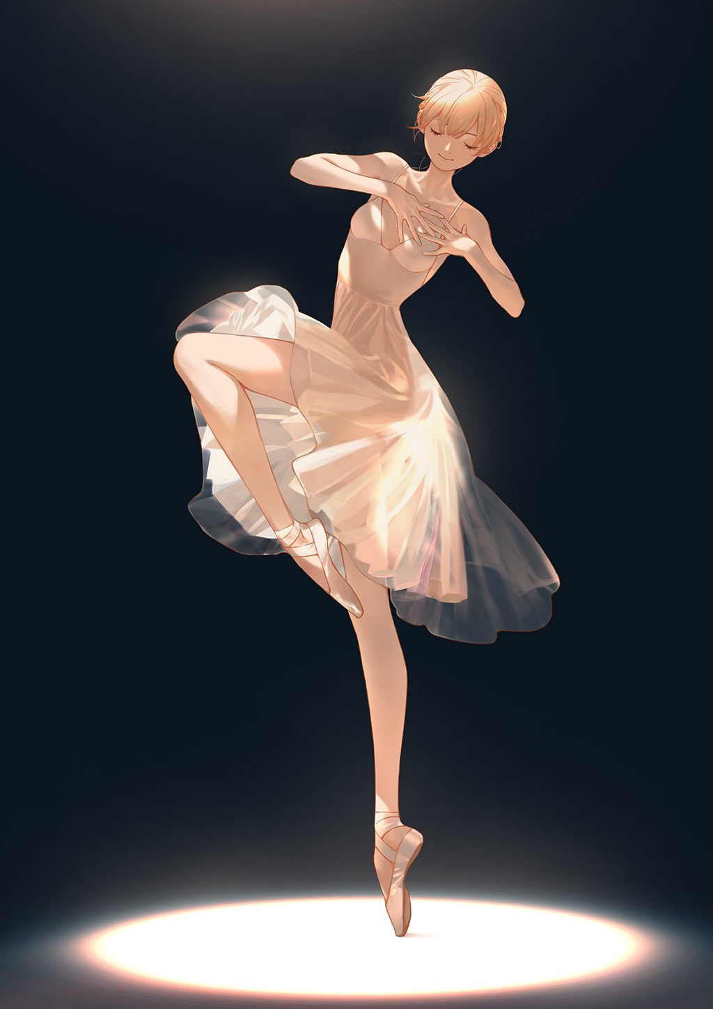 1girl athletic_leotard ballerina ballet_slippers bangs blonde_hair closed_eyes commentary hands_on_own_chest highres leotard original see-through simple_background smile solo spotlight standing standing_on_one_leg tanjiu tutu white_footwear