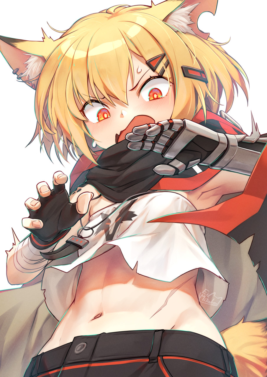 animal_ear_fluff animal_ears arknights armpits bandaged_arm bandages cape crop_top crop_top_overhang earrings fang_necklace fox_ears fox_girl fox_tail highres hood hooded_cape jewelry mechanical_arm midriff mitake_eiru multiple_earrings navel notched_ear poncho prosthesis prosthetic_arm tail vermeil_(arknights)