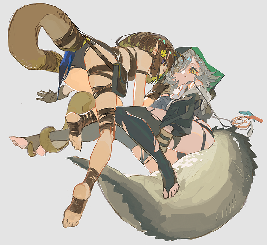 2girls arknights bandaged_leg bandages barefoot blue_eyes brown_hair crocodilian_tail eunectes_(arknights) gloves hood hood_up hoodie multicolored_hair multiple_girls pointy_ears qiqu short_hair simple_background snake_tail tail tail_wrap thighs tomimi_(arknights) torn_clothes torn_legwear white_hair yellow_eyes