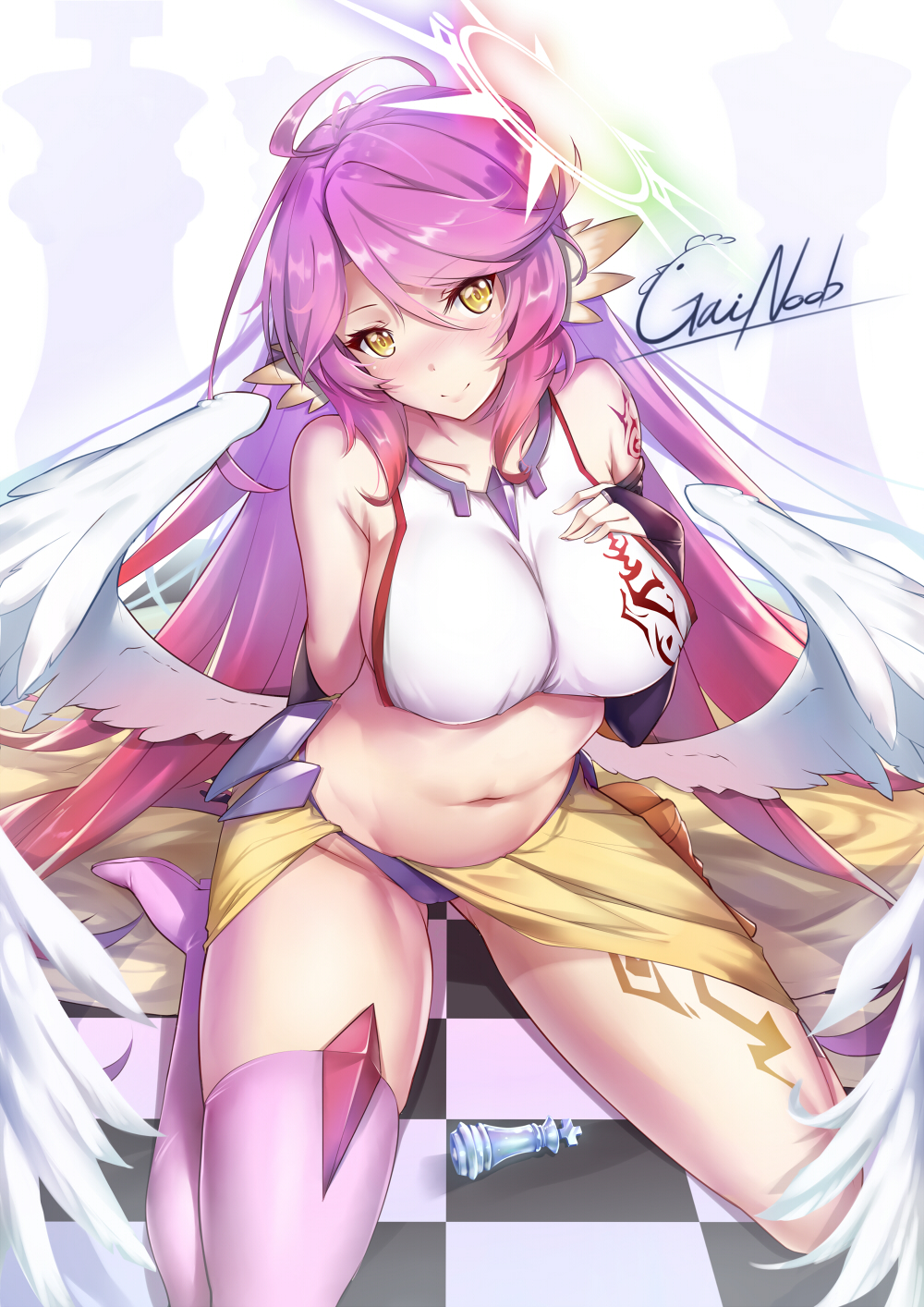 1girl angel_wings artist_name breasts chess_piece closed_mouth commentary_request crop_top feathered_wings gainoob gradient_hair halo highres jibril_(no_game_no_life) king_(chess) large_breasts long_hair looking_at_viewer low_wings magic_circle midriff multicolored_hair navel no_game_no_life pink_hair shoes sideboob single_shoe single_thighhigh sitting smile solo stomach tattoo thigh-highs very_long_hair white_wings wing_ears wings yellow_eyes