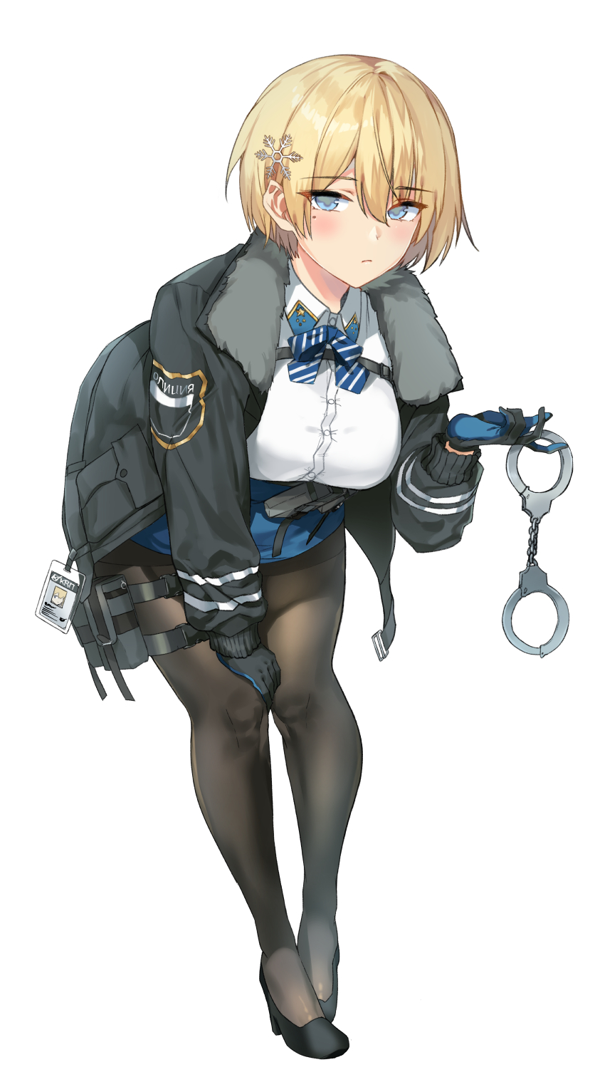 1girl bangs black_footwear black_gloves black_jacket black_legwear blonde_hair blue_eyes blue_neckwear blue_skirt blush breasts closed_mouth collared_shirt commentary cuffs eyebrows_visible_through_hair full_body fur-trimmed_jacket fur_trim girls_frontline gloves hair_between_eyes hair_ornament hand_on_own_knee handcuffs high_heels highres holding_handcuffs id_card jacket knees_together_feet_apart large_breasts leaning_forward long_sleeves looking_at_viewer magazine_(weapon) miniskirt mole mole_under_eye neck_ribbon open_clothes open_jacket pantyhose ribbon shirt shirt_tucked_in short_hair sidelocks simple_background skirt snap-fit_buckle snowflake_hair_ornament solo standing thigh_pouch thighband_pantyhose tomoru_(tomanvil_3) underbust vsk-94_(girls_frontline) white_background white_shirt