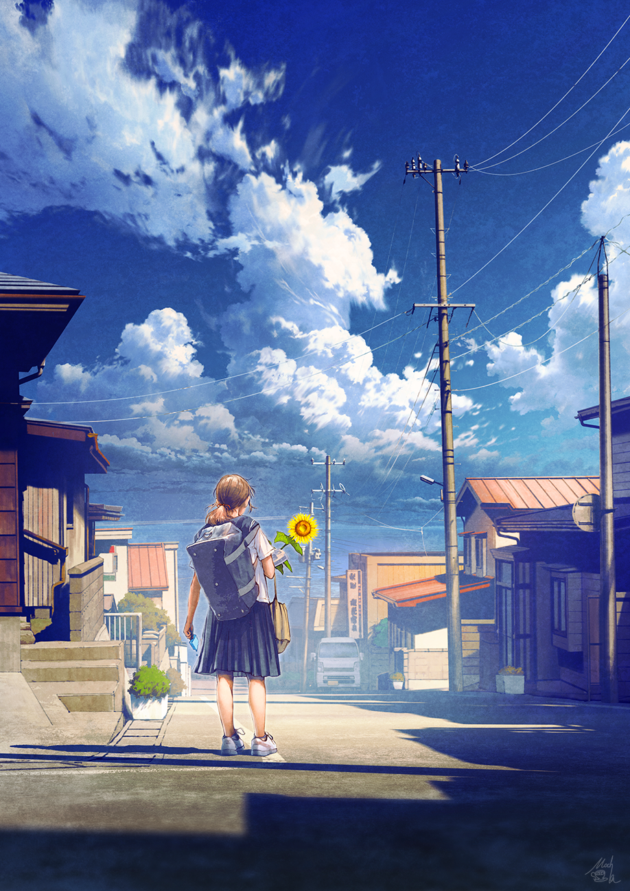 1girl bag blue_sailor_collar blue_skirt blue_sky clouds cloudy_sky flower highres holding house lamppost mocha_(cotton) original outdoors pleated_skirt power_lines road sailor_collar scenery school_bag school_uniform serafuku shadow shirt shoes short_sleeves skirt sky sneakers solo street sunflower utility_pole white_footwear white_shirt