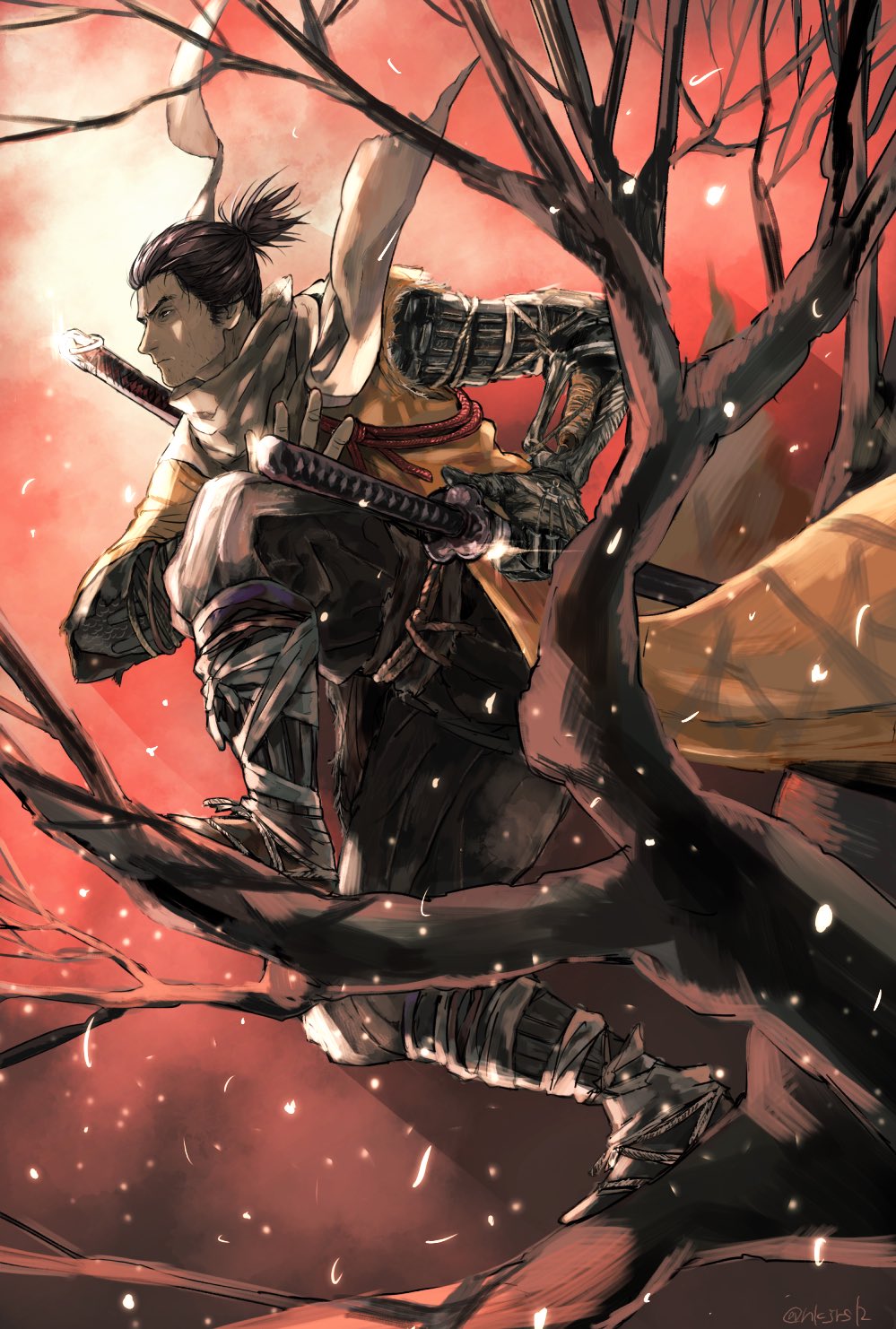 1boy armor bare_tree black_hair black_pants closed_mouth facial_hair facial_scar falling_petals full_body fune_(nkjrs12) haori highres holding holding_sheath japanese_armor japanese_clothes katana leaning_forward looking_away male_focus mechanical_arm ninja one_knee outdoors pants ponytail prosthesis prosthetic_arm reaching red_sky sandals scabbard scar scarf sekiro sekiro:_shadows_die_twice sheath sheathed short_hair short_ponytail sky solo stubble sun suneate sword tabi tree unsheathing weapon weapon_on_back white_scarf