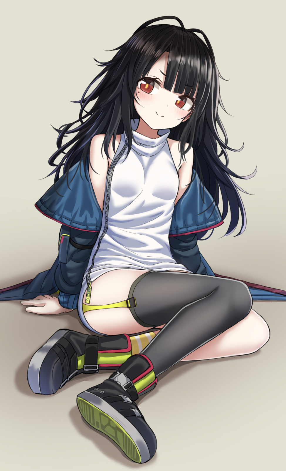 1girl arm_support asymmetrical_legwear bare_shoulders black_footwear black_hair black_legwear blue_jacket breasts c-ms_(girls_frontline) dress full-length_zipper garter_straps girls_frontline grey_background head_tilt high_collar highres jacket long_hair long_sleeves looking_at_viewer messy_hair mole mole_under_eye off_shoulder open_clothes open_jacket red_eyes shoes short_dress simple_background single_thighhigh sitting sleeveless sleeveless_dress smile socks solo thigh-highs thighs white_dress yakob_labo yellow_legwear zipper