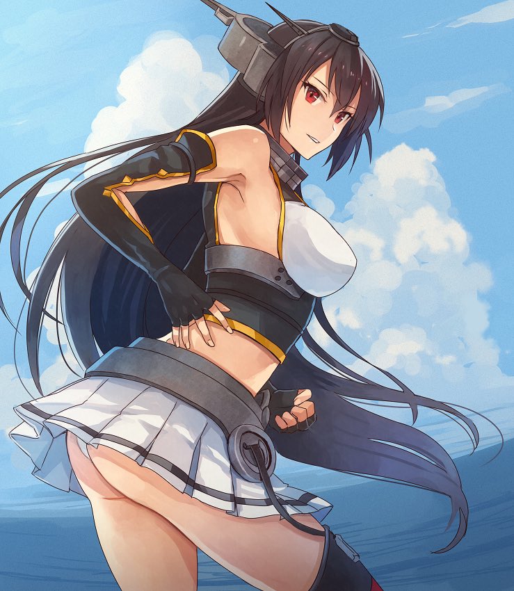 1girl armpits bare_shoulders black_gloves black_hair breasts elbow_gloves fingerless_gloves gloves headgear kantai_collection kasumi_(skchkko) large_breasts long_hair midriff miniskirt nagato_(kantai_collection) ocean panties red_eyes sideboob skirt thigh-highs underwear white_panties