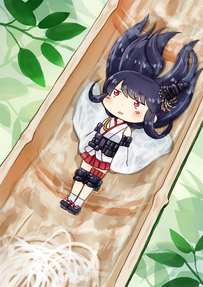 1girl bamboo bangs bare_shoulders black_hair blush_stickers chibi commentary_request detached_sleeves eyebrows_visible_through_hair food full_body fusou_(kantai_collection) geta hair_ornament hinata_yuu japanese_clothes kantai_collection kimono leaf leaf_background long_hair looking_up lying nagashi_soumen nontraditional_miko noodles on_back parted_lips partial_commentary pleated_skirt pun red_eyes red_skirt sidelocks skirt sleeveless sleeveless_kimono sliding solo soumen tabi water water_slide white_kimono white_legwear white_sleeves