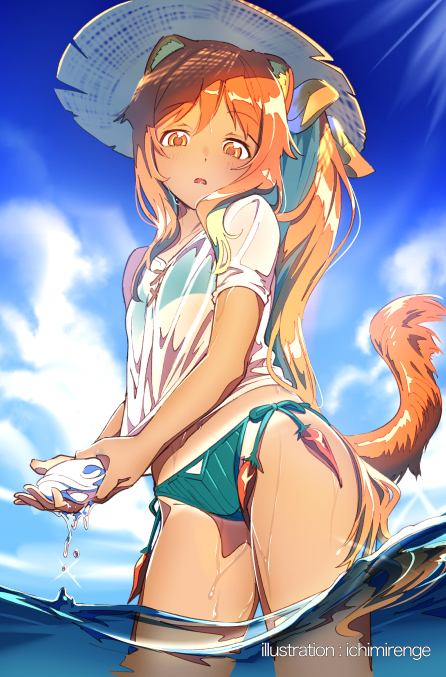 1girl animal_ears artist_name bangs bikini bikini_under_clothes blush brown_eyes brown_headwear commentary_request day eyebrows_visible_through_hair flat_chest green_bikini hat ichimirenge long_hair orange_hair original outdoors parted_lips see-through shirt short_sleeves solo standing straw_hat summer swimsuit tail tail_raised tan tanline very_long_hair wading water wet wet_clothes wet_shirt white_shirt wringing_clothes