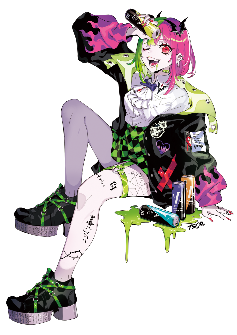 1girl ;d arm_support bandaid bare_legs bat_hair_ornament black_footwear black_jacket bow bowtie can checkered checkered_skirt collared_shirt commentary_request cravat drink ear_piercing energy_drink eyebrows_visible_through_hair fangs fingernails flame_print full_body glint green_hair green_skirt hair_ornament high-waist_skirt highres holding holding_can invisible_chair jacket jewelry liquid long_fingernails long_sleeves looking_at_viewer medium_hair multicolored_hair off-shoulder_jacket one_eye_closed open_mouth original pendant piercing pink_hair platform_footwear puppeteer7777 purple_bow purple_neckwear red_eyes red_nails shirt signature simple_background sitting skirt smile solo tattoo thigh_strap two-tone_hair vampire white_background white_shirt wing_collar