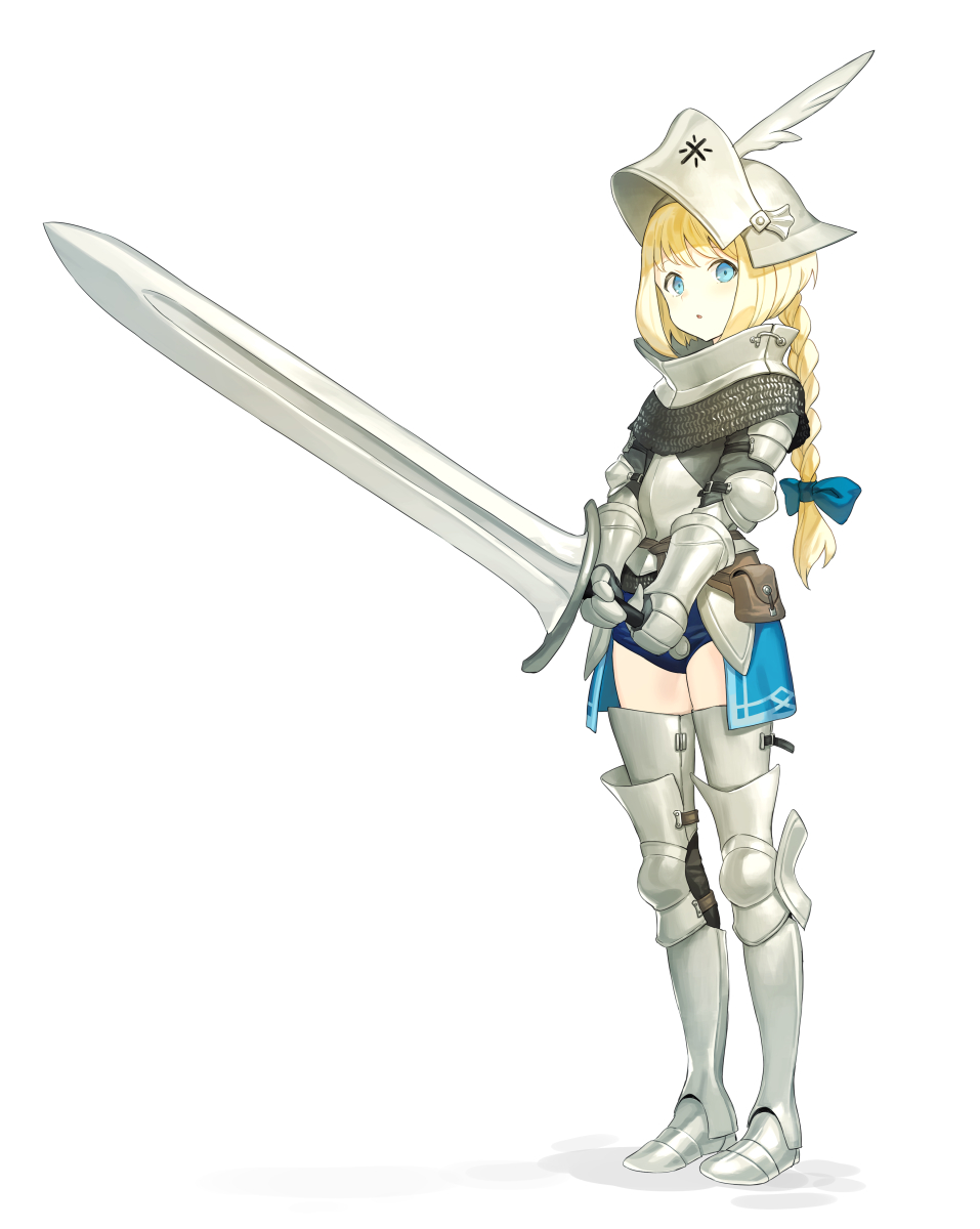 1girl armor armored_boots belt belt_pouch blonde_hair blue_eyes boots bow braid breastplate chainmail commentary_request faulds full_body gauntlets hair_bow helmet highres huge_weapon keemu_(occhoko-cho) long_hair looking_at_viewer original plate_armor pouch solo standing sword thigh-highs thigh_boots visor_(armor) weapon white_background