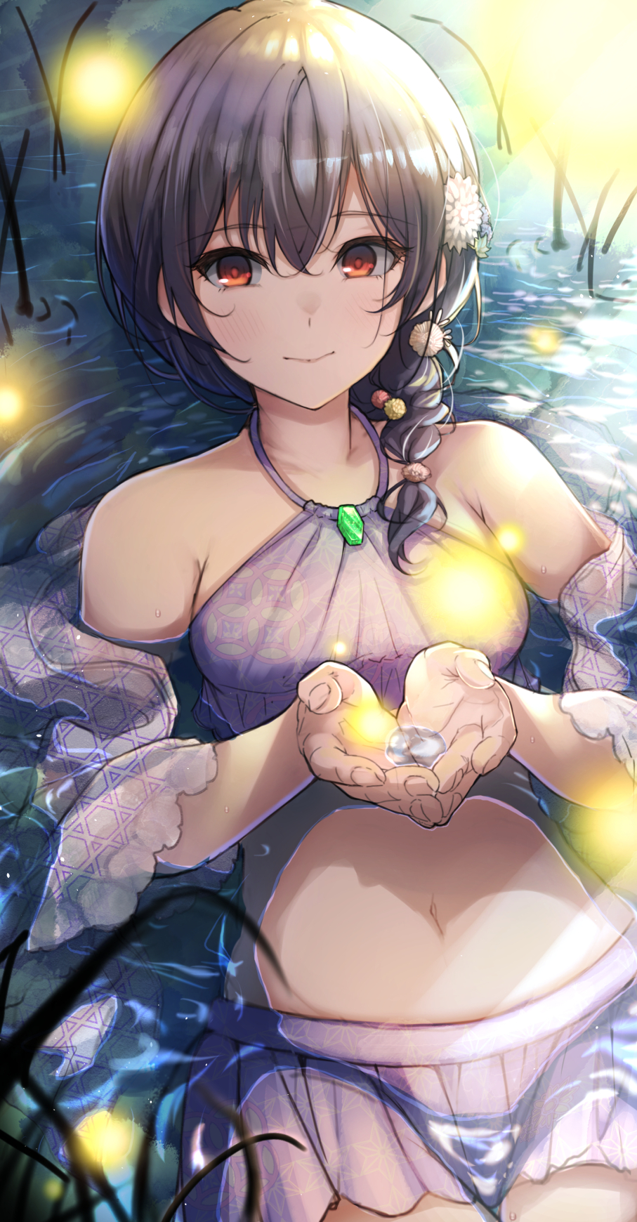 1girl bangs bare_shoulders bikini_skirt breasts bug fireflies floral_print from_above grass hair_between_eyes hair_ornament hair_over_shoulder halterneck hands_together highres idolmaster idolmaster_shiny_colors in_water insect lavender_bikini lavender_skirt lavender_swimsuit light_blush looking_at_viewer lying morino_rinze navel on_back otsumami_(otsu-mugi) outdoors pleated_skirt purple_hair red_eyes sarong skirt small_breasts smile solo swimsuit tankini wet wet_clothes wet_swimsuit