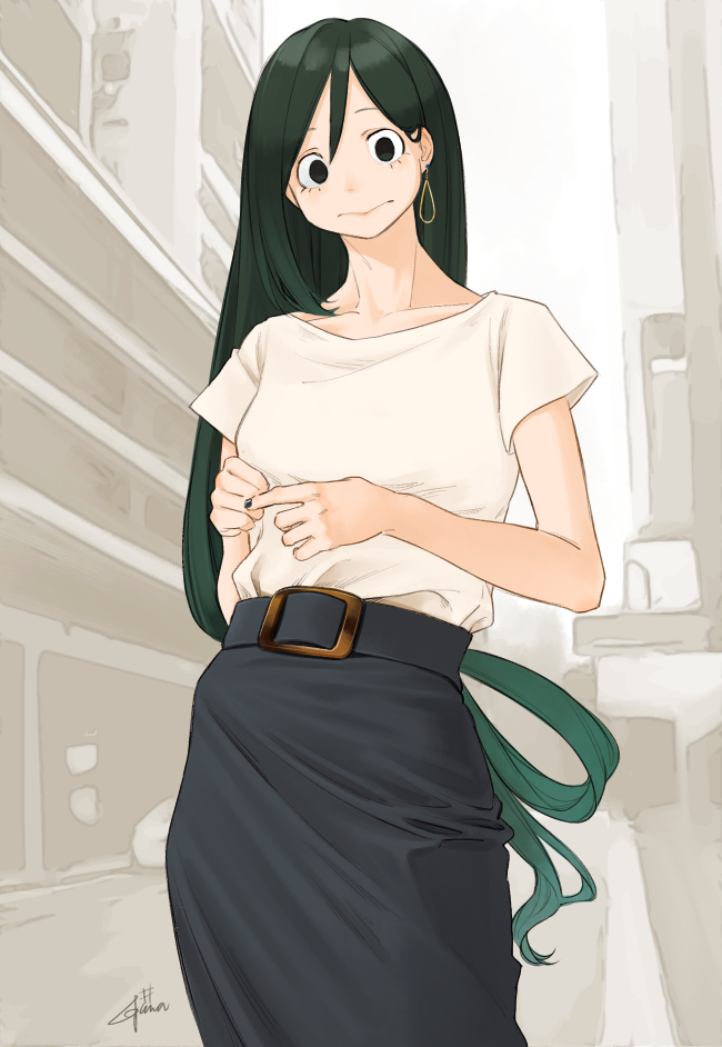 1girl asui_tsuyu black_eyes black_hair black_nails black_skirt boku_no_hero_academia day earrings igawa333 jewelry long_hair looking_at_viewer older outdoors shirt short_sleeves signature skirt smile solo white_shirt