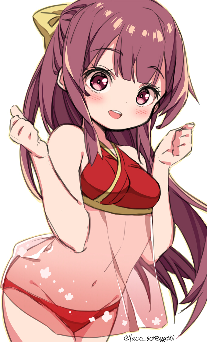1girl adapted_costume bikini commentary_request cowboy_shot kamikaze_(kantai_collection) kantai_collection laco_soregashi long_hair looking_at_viewer open_mouth purple_hair red_bikini red_eyes round_teeth simple_background smile solo swimsuit teeth upper_teeth white_background
