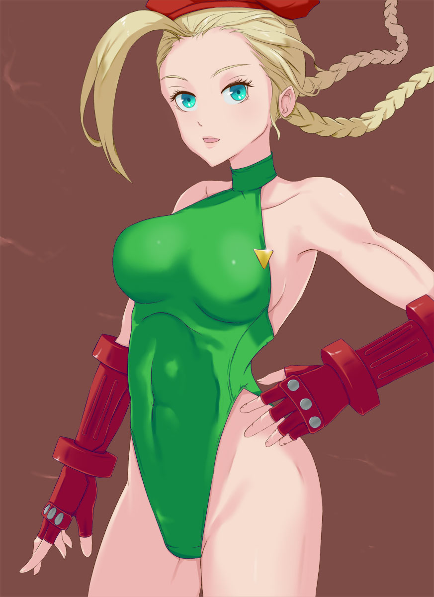 1girl ahoge beret blonde_hair blue_eyes braid brown_background cammy_white commentary_request contrapposto cowboy_shot fingerless_gloves gloves green_leotard hand_on_hip hat highleg highleg_leotard highres huge_ahoge leotard long_hair looking_at_viewer machiee red_gloves red_headwear simple_background solo street_fighter street_fighter_v turtleneck twin_braids