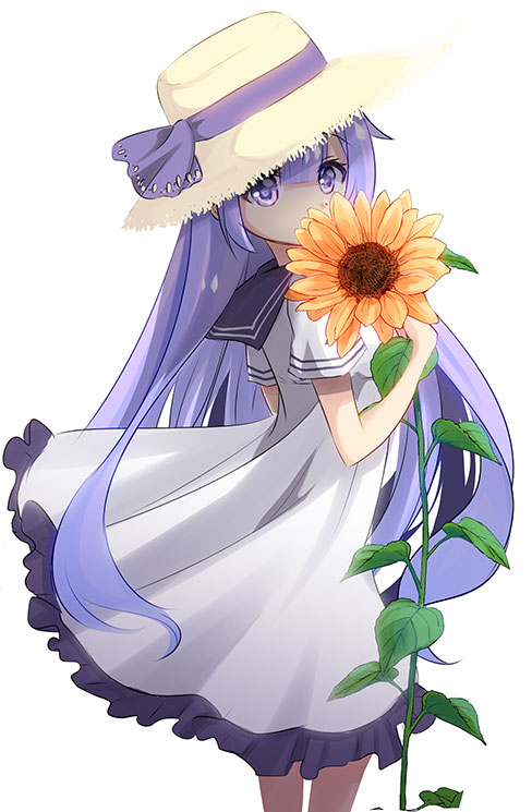 1girl azur_lane bangs black_sailor_collar brown_headwear covered_mouth dress flower frilled_dress frills hair_between_eyes hat hat_ribbon holding holding_flower long_hair looking_at_viewer looking_to_the_side orange_flower purple_hair purple_ribbon ribbon sailor_collar sailor_dress short_sleeves sidelocks simple_background solo standing straw_hat sukireto sunflower unicorn_(azur_lane) very_long_hair violet_eyes white_background white_dress