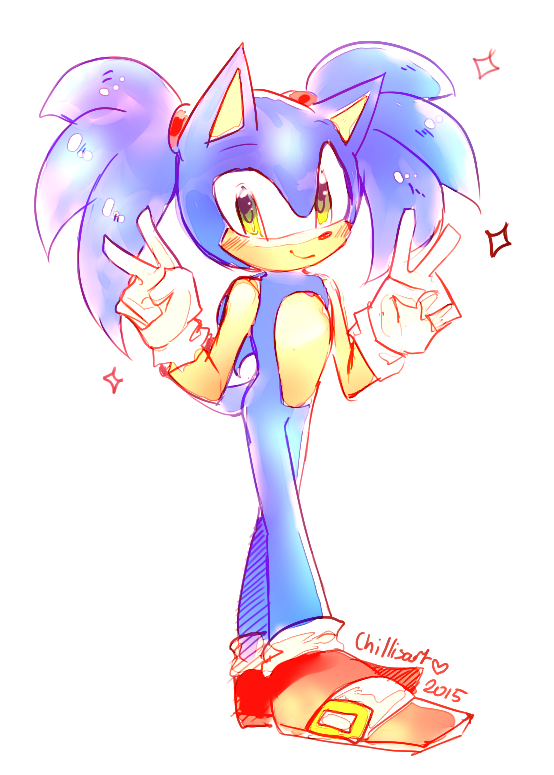 1boy alternate_hairstyle animal_ears artist_name blue_hair blush closed_mouth commentary double_v english_commentary furry gloves green_eyes hair_tie hands_up happy heart long_hair looking_at_viewer male_focus red_footwear shiny shiny_hair shoes signature simple_background sketch smile solo sonic sonic_the_hedgehog spacecolonie sparkle tail tied_hair twintails v white_background white_gloves