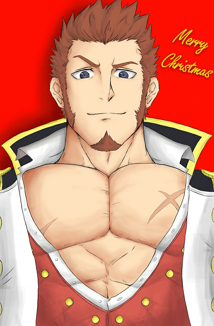 1boy abs bara blue_eyes brown_hair chest facial_hair fate/grand_order fate_(series) from_behind i-zoku jacket looking_at_viewer male_focus muscle napoleon_bonaparte_(fate/grand_order) open_clothes open_jacket open_shirt pectorals scar simple_background smile solo
