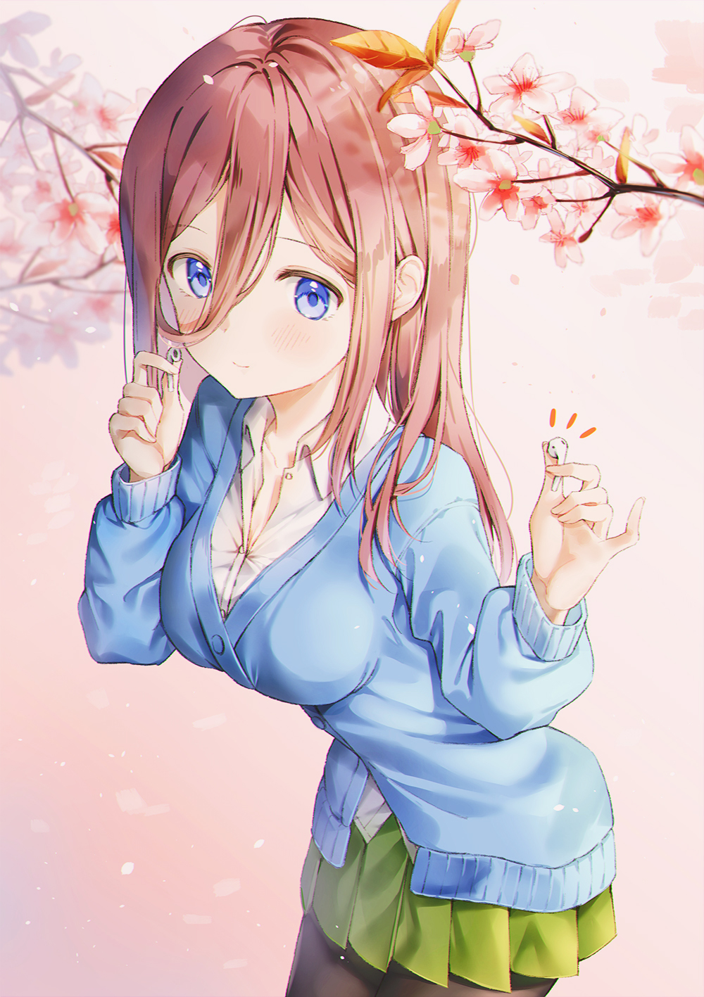 1girl black_legwear blue_cardigan blue_eyes breasts brown_hair cardigan cha_chya cherry_blossoms collarbone collared_shirt earphones go-toubun_no_hanayome green_skirt hair_down hand_up highres long_hair long_sleeves looking_at_viewer nakano_miku pink_background pleated_skirt school_uniform shirt skirt smile solo standing upper_body white_shirt