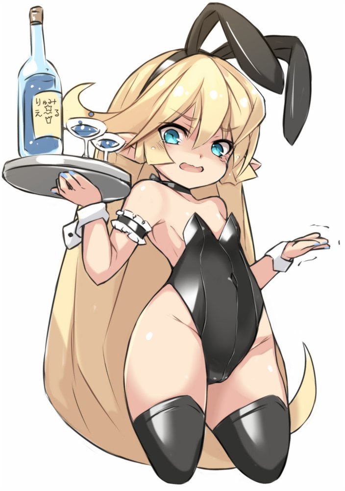 1girl animal_ears bare_shoulders black_leotard blonde_hair blue_eyes bunny_girl charlotta_fenia fake_animal_ears granblue_fantasy harvin karukan_(monjya) leotard long_hair pointy_ears rabbit_ears solo strapless strapless_leotard wrist_cuffs