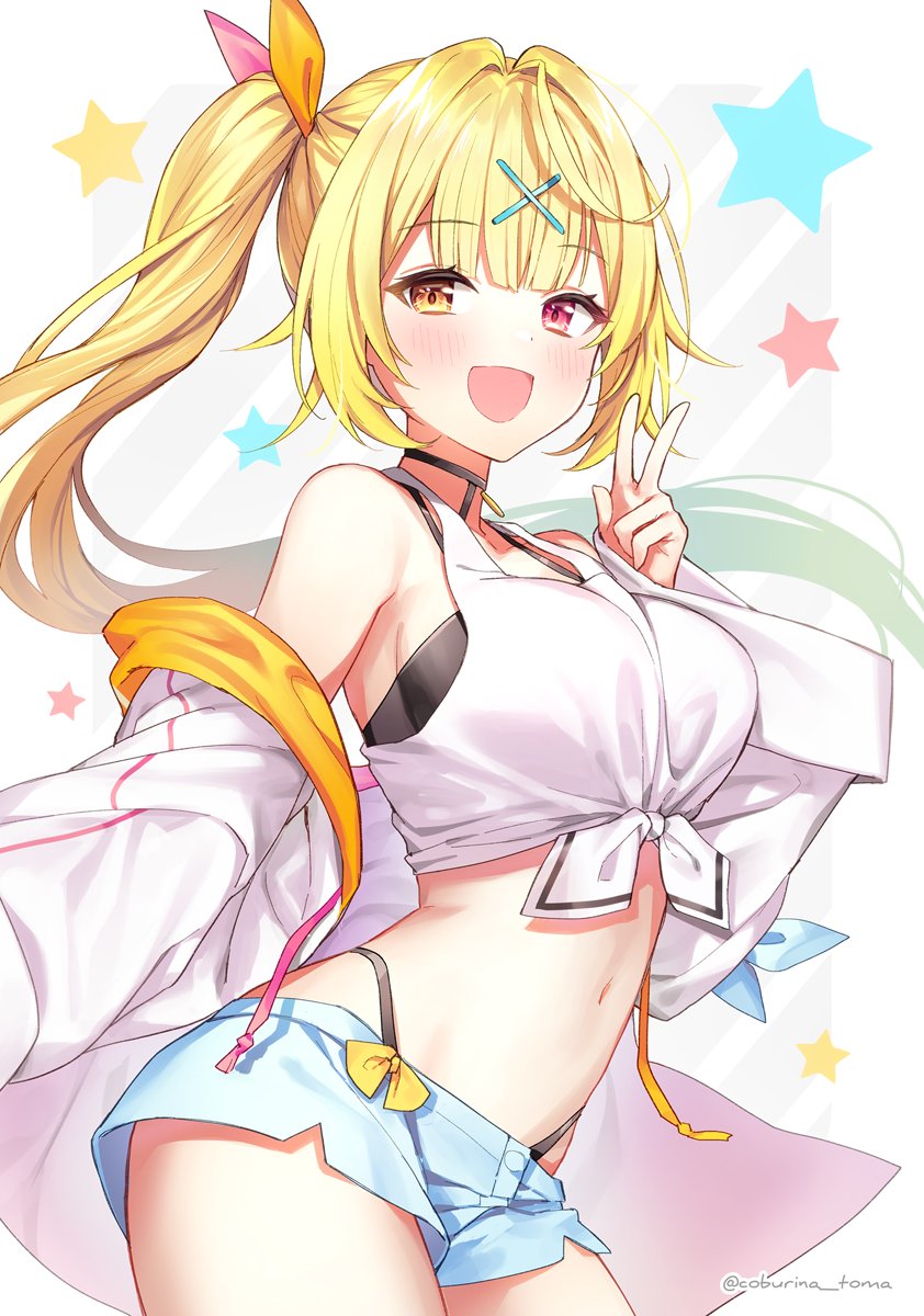 1girl :d bare_shoulders blonde_hair blue_shorts breasts cowboy_shot crop_top floating_hair front-tie_top hair_intakes hair_ornament hair_ribbon halterneck hand_up heterochromia highleg highres hoshikawa_sara jacket large_breasts long_hair looking_at_viewer midriff navel nijisanji off_shoulder open_clothes open_jacket open_mouth orange_eyes red_eyes ribbon shirt short_shorts shorts side_ponytail sleeveless sleeveless_shirt smile solo stomach thighs toma_(norishio) undershirt v virtual_youtuber white_jacket white_shirt x_hair_ornament