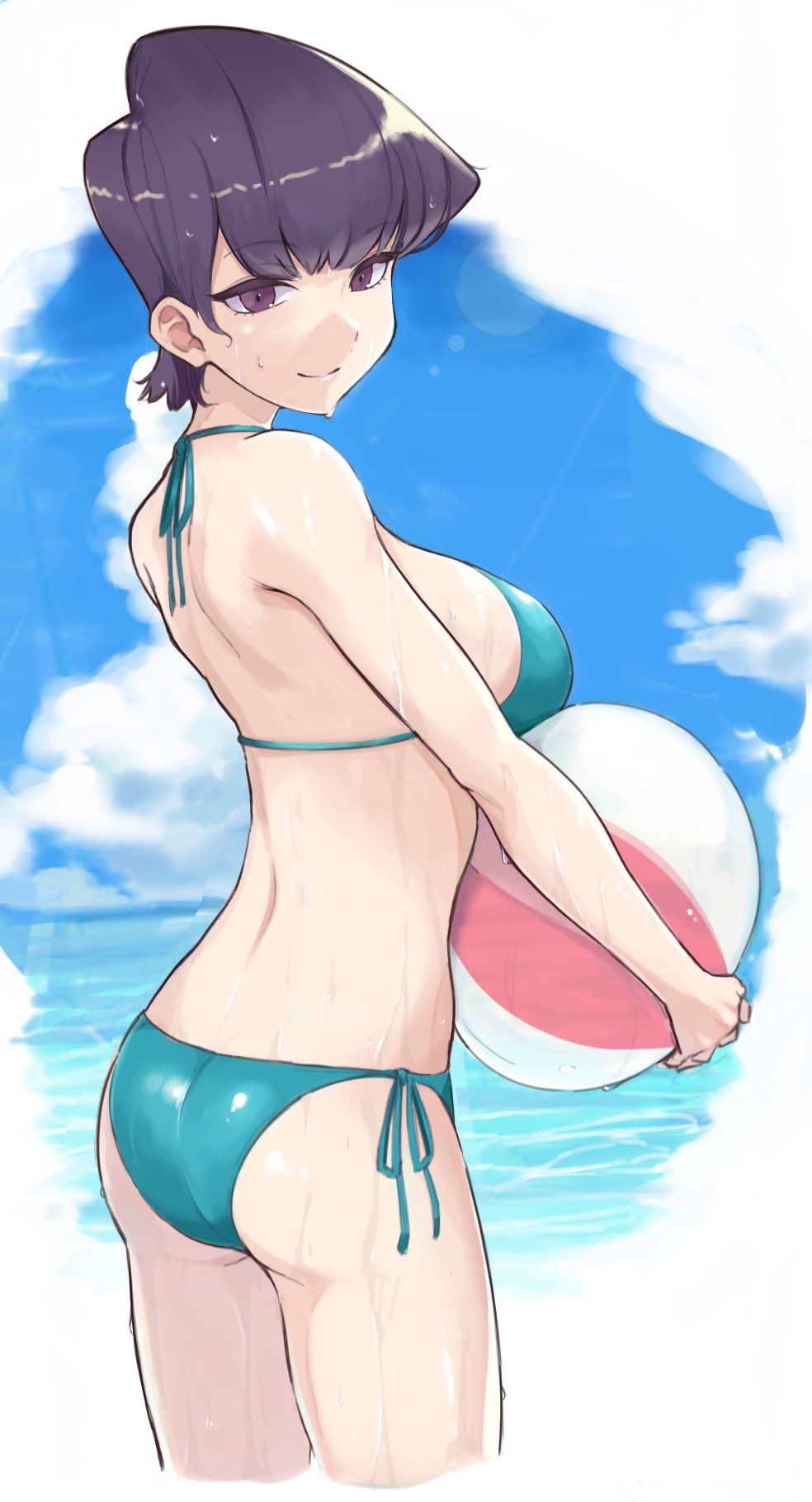 1girl aqua_bikini ass ayatak0517 ball bare_arms bare_shoulders beachball bikini black_hair breasts commentary_request highres holding holding_ball holding_beachball komi-san_wa_komyushou_desu komi_shuuko large_breasts looking_at_viewer short_hair side-tie_bikini smile solo swimsuit violet_eyes water_drop