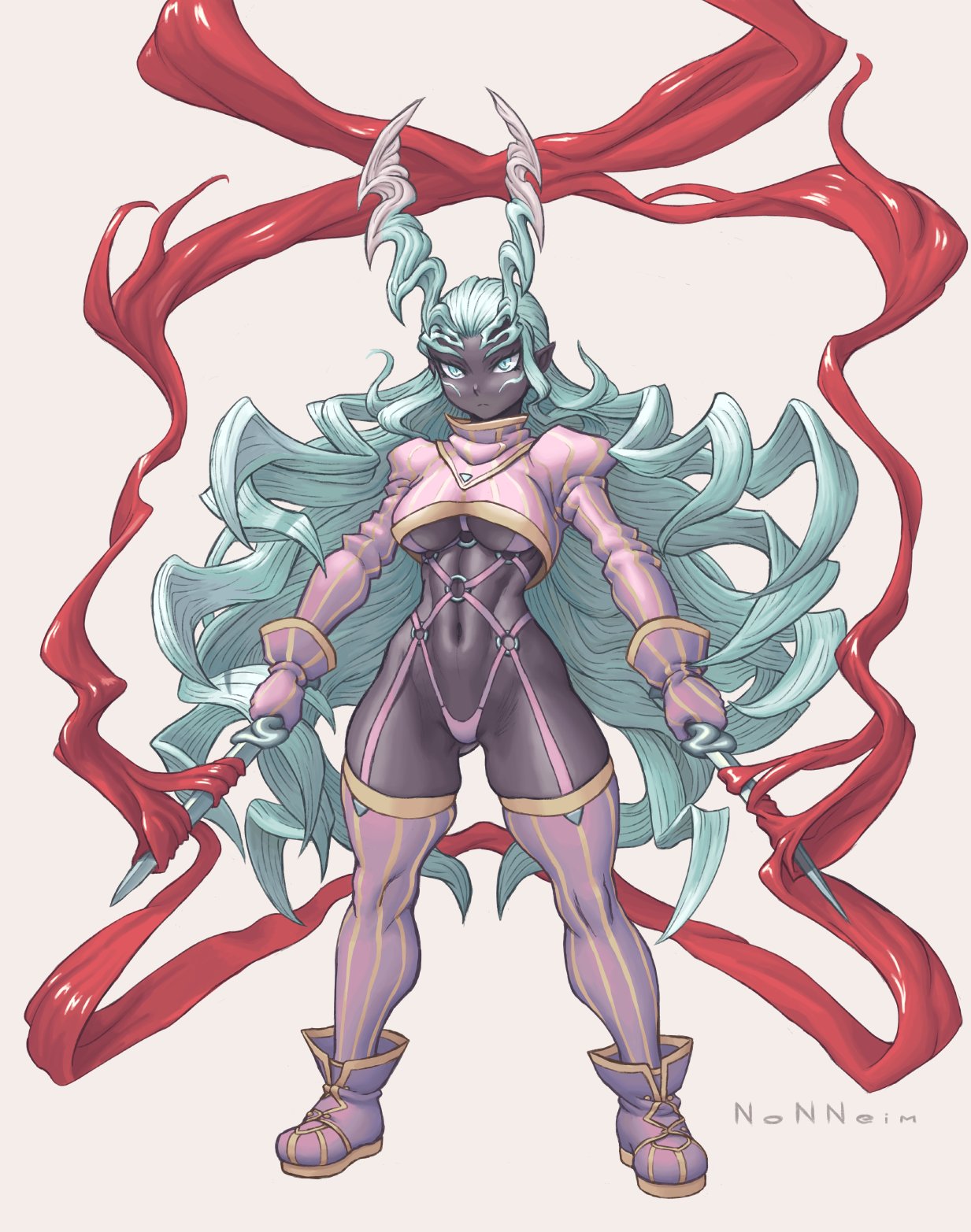 1girl blood breasts dagger dark_skin dual_face facial_mark gloves green_eyes green_hair grey_background hair_horns highres holding holding_dagger holding_weapon horns long_hair navel nonneim o-ring original pink_footwear pink_gloves pink_legwear pointy_ears puffy_sleeves signature simple_background single_horn slit_pupils solo standing striped striped_legwear under_boob very_long_hair weapon