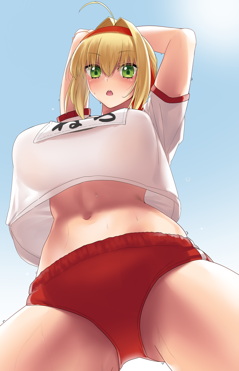 1girl ahoge arms_behind_head arms_up bangs blonde_hair blue_background blush breasts buruma fate/extra fate/grand_order fate_(series) gachou gradient gradient_background green_eyes gym_shirt gym_uniform hair_intakes headband highres large_breasts long_hair looking_at_viewer name_tag navel nero_claudius_(fate) nero_claudius_(fate)_(all) olympian_bloomers open_mouth red_buruma red_headband shirt shirt_overhang stretch