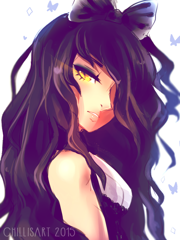 1girl artist_name bangs bare_shoulders black_bow black_dress black_hair blake_belladonna bow breasts bug butterfly commentary dated diamond_(shape) dress english_commentary from_side hair_bow hair_over_one_eye half-closed_eyes heart insect light_trail long_hair looking_at_viewer parted_lips rwby simple_background sleeveless sleeveless_dress slit_pupils small_breasts solo spacecolonie teeth upper_body watermark white_background yellow_eyes
