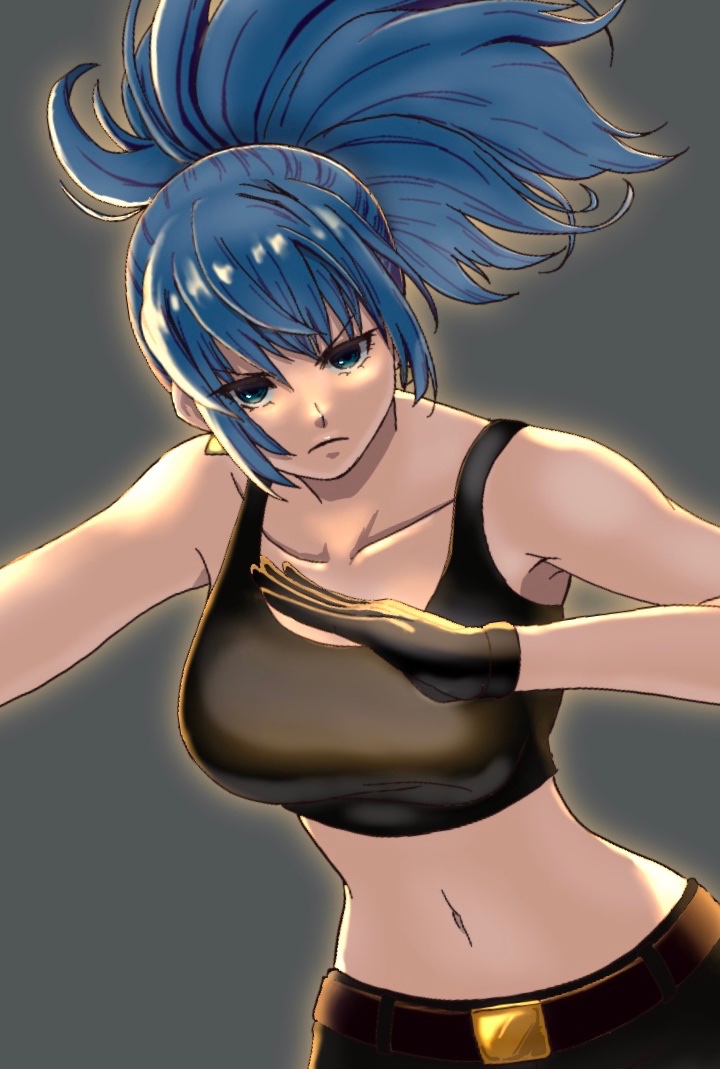 bangs bare_shoulders belt black_gloves black_tank_top blue_eyes blue_hair earrings gloves high_ponytail jewelry leona_heidern midriff navel okazunoridesuyo ponytail snk soldier tank_top the_king_of_fighters