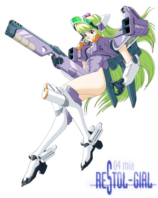 1girl artist_request character_name cosplay floating_hair green_hair gun holding holding_gun holding_weapon korean_commentary looking_down mecha_musume mia_lilienthal newtype official_art purple_hair restol_machine_4 restol_machine_4_(cosplay) restol_special_rescue_squad solo third-party_source visor weapon white_background