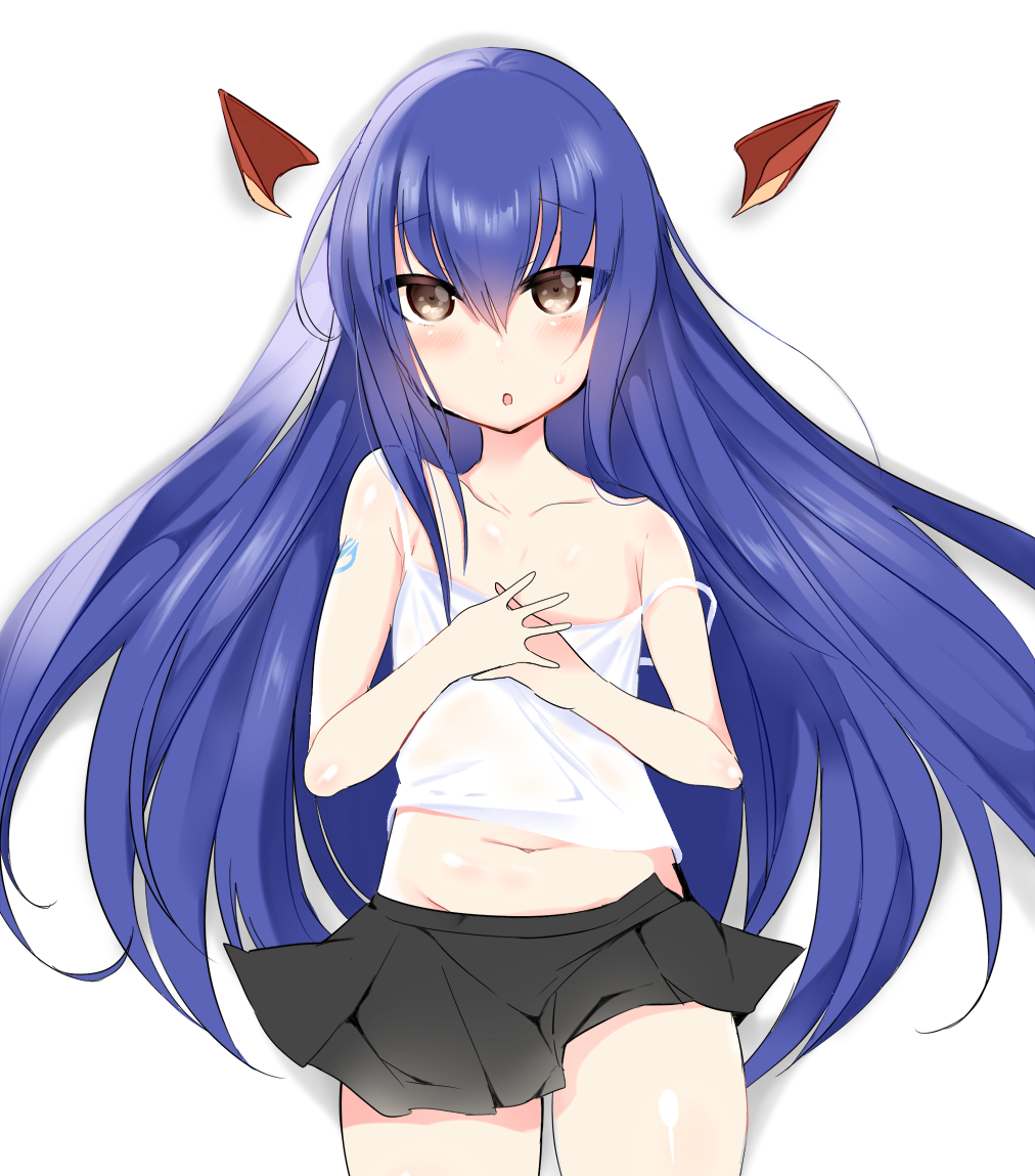 1girl bangs black_skirt blue_hair blush brown_eyes collarbone cowboy_shot eyebrows_visible_through_hair fairy_tail flat_chest floating_hair from_above groin hair_between_eyes long_hair looking_at_viewer lying midriff mikagelove miniskirt navel off_shoulder on_back open_mouth pleated_skirt shiny shiny_hair simple_background skirt solo spaghetti_strap stomach tank_top very_long_hair wendy_marvell white_background white_tank_top
