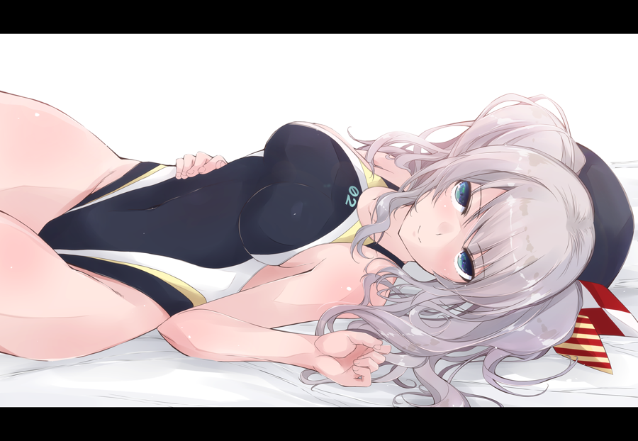 1girl bed_sheet beret black_headwear blue_eyes breasts closed_eyes clothes_writing competition_swimsuit groin hat kantai_collection kashima_(kantai_collection) large_breasts letterboxed long_hair lying on_back one-piece_swimsuit silver_hair smile solo sportswear swimsuit twintails yumesato_makura