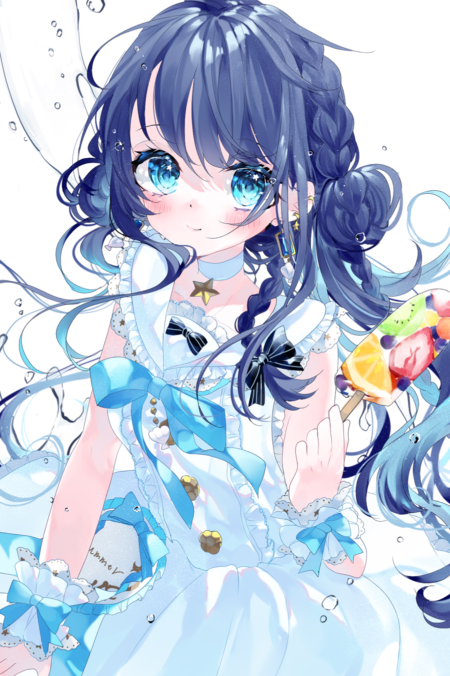 1girl bangs black_bow blue_choker blue_eyes blue_hair blush bow braid bubble choker closed_mouth commentary dress eyebrows_visible_through_hair eyelashes frilled_dress frills highres holding lolita_fashion long_hair looking_at_viewer original remimim shiny shiny_hair sleeveless smile solo sparkle star_(symbol) white_background wrist_cuffs
