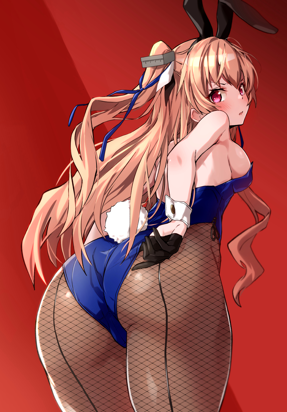 1girl alternate_costume animal_ears ass bangs bare_shoulders black_gloves blush breasts bunny_tail bunnysuit commentary_request detached_collar eyebrows_visible_through_hair fake_animal_ears fishnet_legwear fishnets from_behind from_below gloves highres johnston_(kantai_collection) kantai_collection leotard light_brown_hair long_hair looking_at_viewer medium_breasts open_mouth pantyhose rabbit_ears red_background red_eyes simple_background solo tail takanashi_kei_(hitsujikan) two_side_up wrist_cuffs
