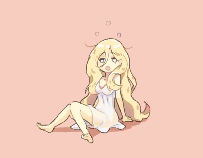 1girl alternate_costume blonde_hair commentary_request full_body hair_between_eyes kantai_collection long_hair looking_at_viewer mole mole_under_eye mole_under_mouth nightgown o_o open_mouth otoufu pink_background richelieu_(kantai_collection) simple_background sitting sleepy solo