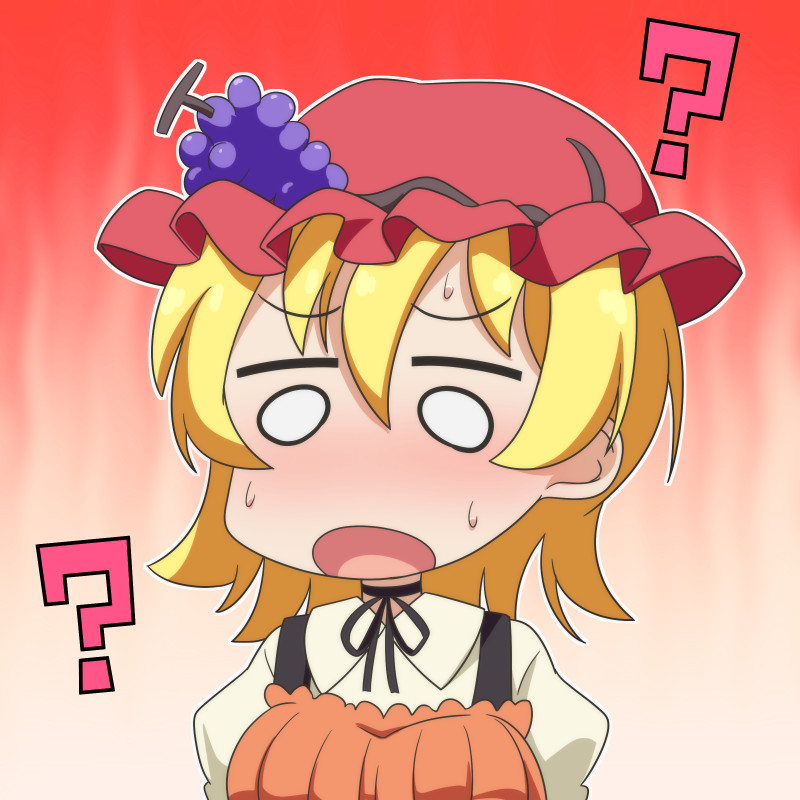 1girl :o ? aki_minoriko bangs blonde_hair blush cato_(monocatienus) chibi commentary eyebrows_visible_through_hair food fruit grapes hair_between_eyes hat mob_cap neck_ribbon o_o outline puffy_sleeves red_headwear ribbon short_hair simple_background solo sweat touhou upper_body white_outline