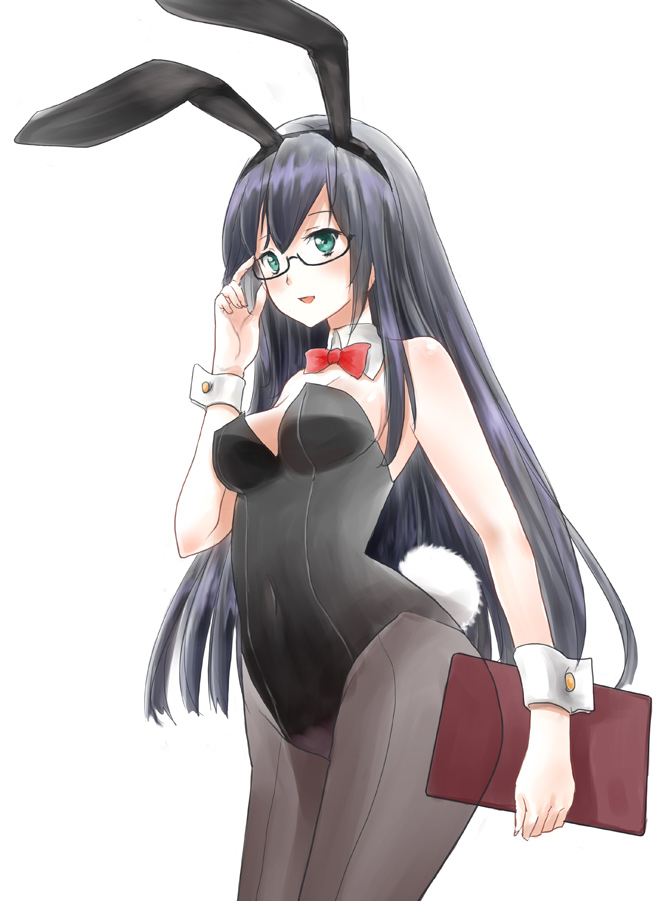 adjusting_eyewear animal_ears black_hair black_legwear black_leotard bow bowtie breasts bunny_girl bunny_tail bunnysuit clipboard cowboy_shot detached_collar fake_animal_ears glasses green_eyes kantai_collection kitagawa_mikio leotard long_hair ooyodo_(kantai_collection) pantyhose rabbit_ears red_neckwear semi-rimless_eyewear simple_background small_breasts strapless strapless_leotard tail under-rim_eyewear white_background wrist_cuffs