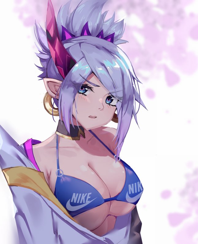 1girl annoyed blue_bra blue_eyes blue_hair bra breasts dayshiart earrings english_commentary jewelry large_breasts league_of_legends nike pointy_ears riven_(league_of_legends) solo tied_hair underwear