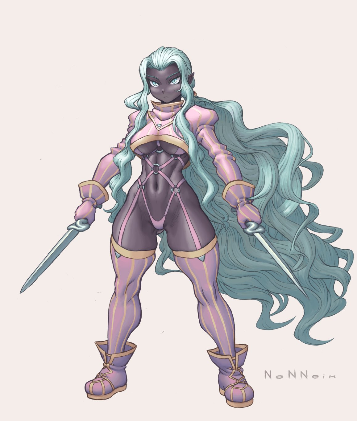 1girl breasts dagger dark_skin dual_face gloves green_eyes green_hair grey_background highres holding holding_dagger holding_weapon long_hair navel nonneim o-ring original pink_footwear pink_gloves pink_legwear pointy_ears puffy_sleeves signature simple_background slit_pupils solo standing striped striped_legwear under_boob very_long_hair weapon