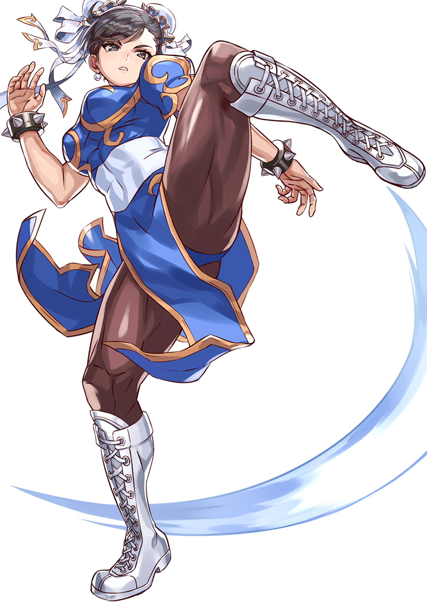 1girl bangs boots bracelet breasts brown_eyes brown_hair china_dress chinese_clothes chun-li commentary_request cross-laced_footwear double_bun dress earrings fighting_stance full_body highres jewelry kicking knee_boots lace-up_boots leotard_under_clothes lips medium_breasts pantyhose parted_lips pelvic_curtain puffy_short_sleeves puffy_sleeves shiny shiny_clothes shiny_hair short_sleeves simple_background solo spiked_bracelet spikes street_fighter tied_hair white_background white_footwear yagi2013