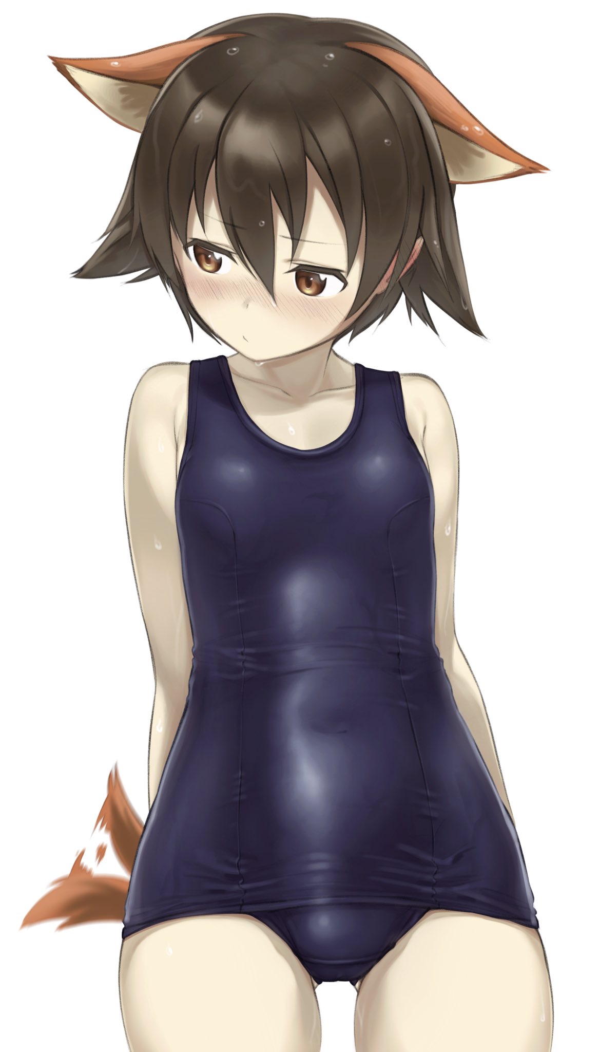 1girl blue_swimsuit blush brown_eyes brown_hair cowboy_shot english_commentary fankupl flat_chest greyscale hair_between_eyes hair_flaps highres looking_to_the_side miyafuji_yoshika monochrome school_swimsuit short_hair simple_background solo strike_witches swimsuit tail tail_wagging world_witches_series